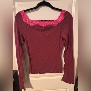 NWT Free People Low Back Lace Trim Top Raspberry Pink Long Sleeve Boho Size L